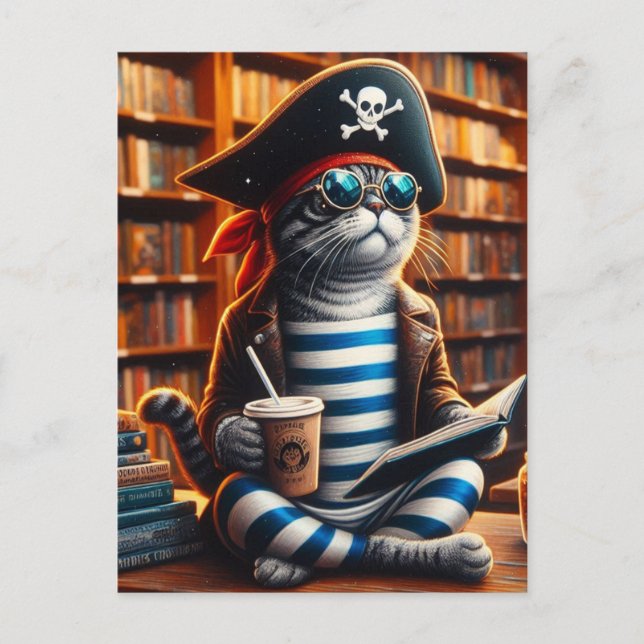 Carte Postale Pirate Cat avec café (Devant)