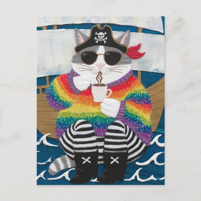 Carte Postale Pirate chat arc-en-ciel pull fuzzé avec un café (Devant)