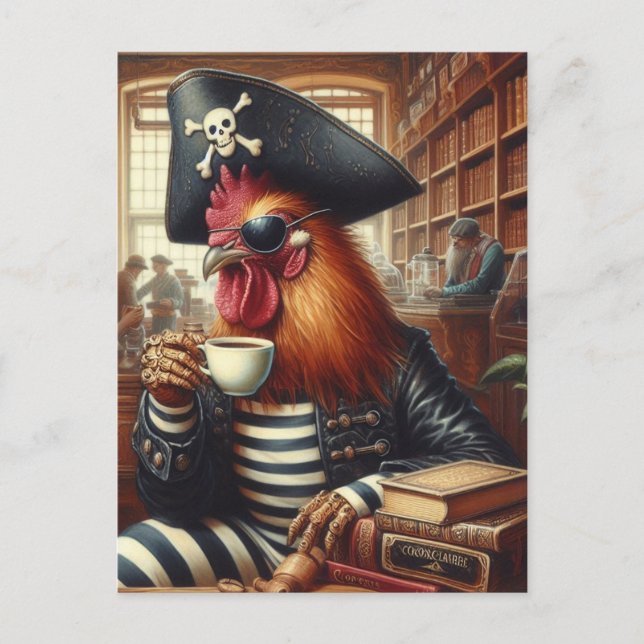 Carte Postale Pirate de coq avec café dans une librairie (Devant)