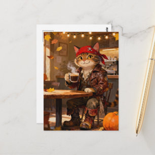 Carte Postale Pirate félin au café d'automne