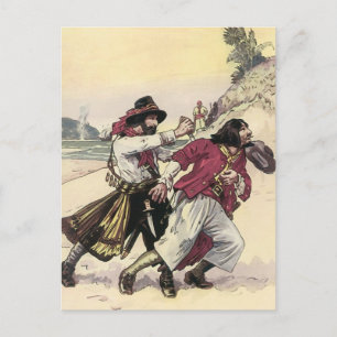 Carte Postale Pirates vintages, Duel jusqu'à la mort sur la plag
