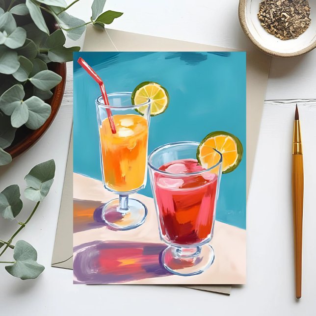 Carte Postale Piscine d'été Cocktails Aquarelle (Créateur téléchargé)