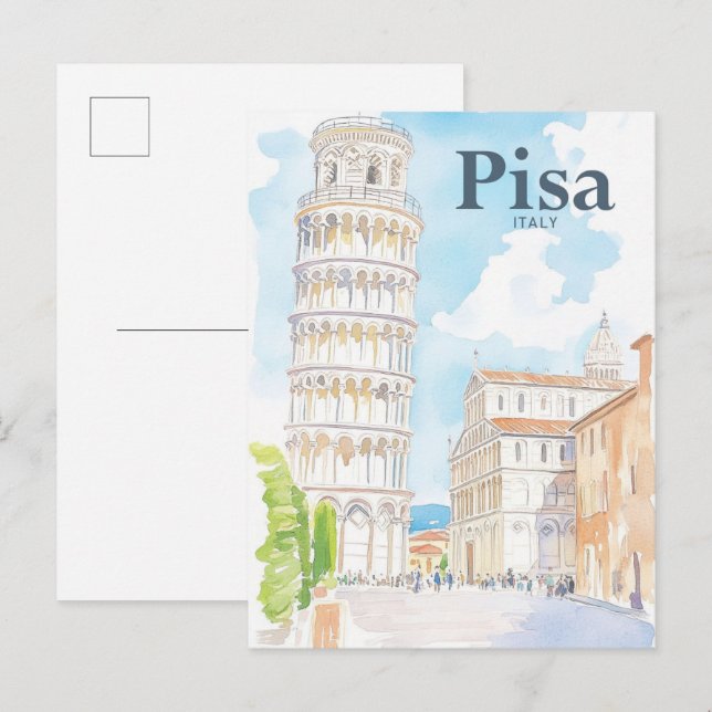 Carte Postale Pise Italie Aquarelle Peinture Voyage (Devant / Derrière)