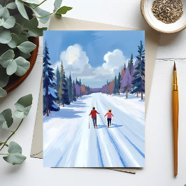 Carte Postale Piste de ski | Aquarelle d'hiver de ski en montagn