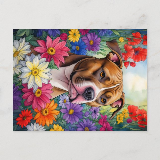 Carte Postale Pitbull dans le jardin des fleurs (Devant)