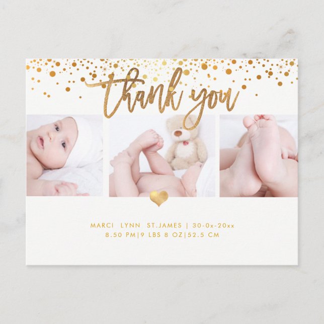 Carte Postale PixDezines Baby shower Merci/Faux Gold (Devant)
