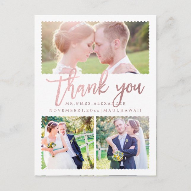 Carte Postale PixDezines Mariage Merci/Faux Rose Gold Script (Devant)