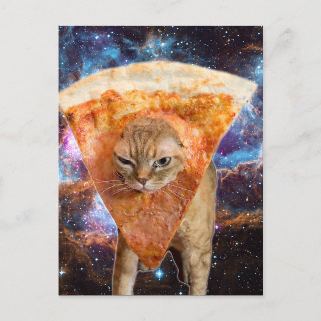 Carte Postale Pizza Chat dans l'espace avec Pizza Slice (Devant)
