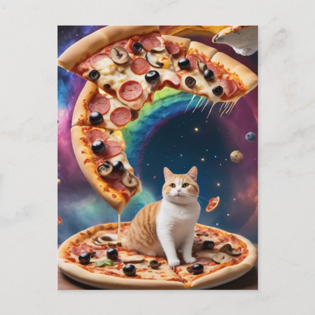 Carte Postale Pizza chat drôle dans l'espace Pizzas flottantes (Devant)