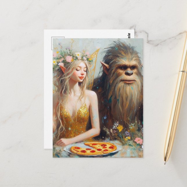 Carte Postale Pizza Night With Sasquatch and the Fairy (Devant/Arrière en situation)