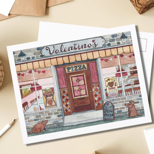 Carte Postale Pizza Shop de Saint Valentin Aquarelle (Créateur téléchargé)