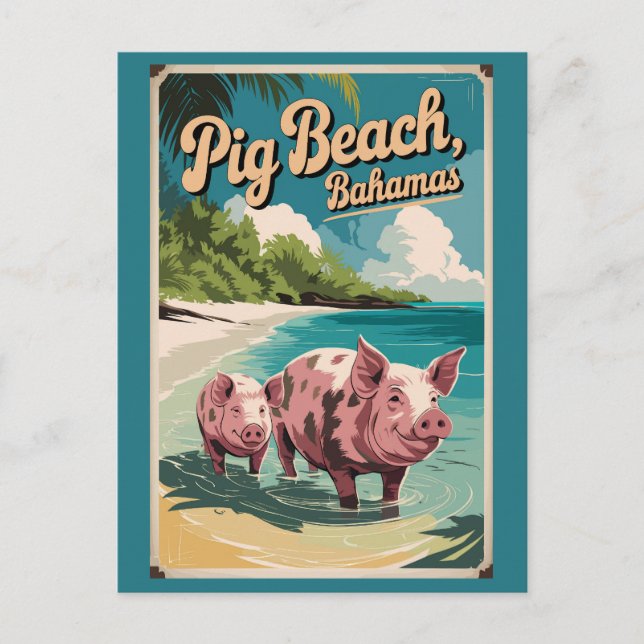 Carte Postale Plage aux cochons Bahamas Voyage Art Vintage (Devant)