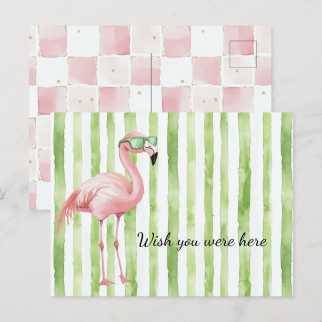 Carte Postale Plage de Flamant rose rose blanc vert (Devant / Derrière)