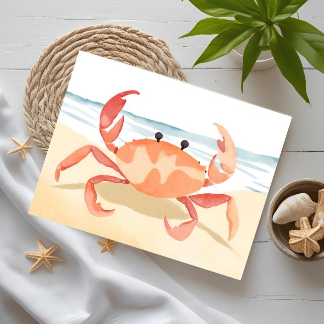 Carte Postale Plage de l'aquarelle du crabe | Vacances côtières (Créateur téléchargé)