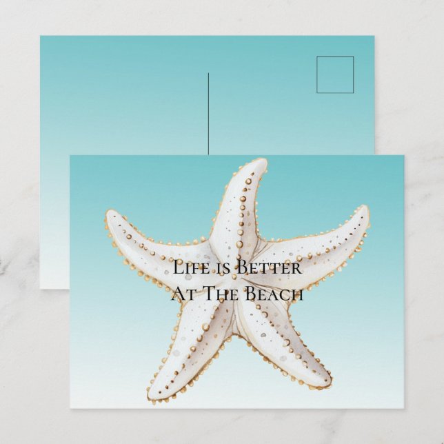 Carte Postale Plage de Starfish Aqua Blue White Gold (Devant / Derrière)