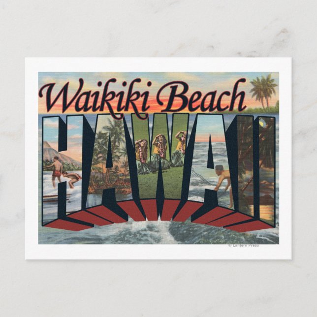 Carte Postale Plage de Waikiki, Hawaii - Scènes à grandes lettre (Devant)