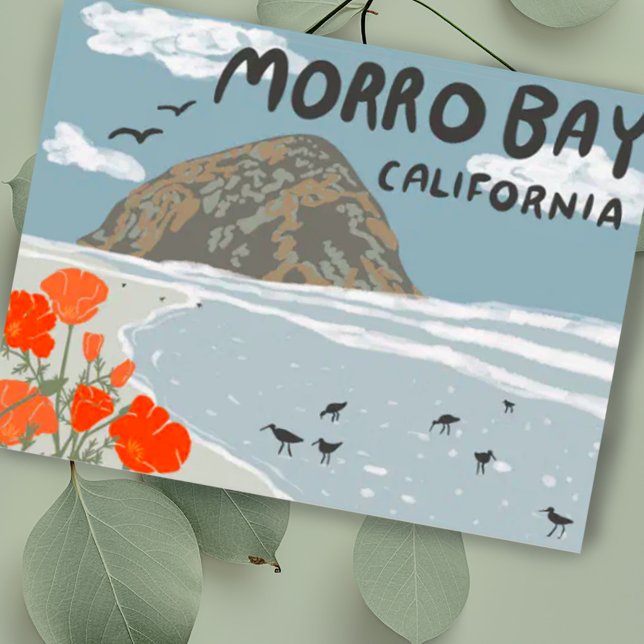 Carte Postale Plage d'illustration de Morro Bay Central Californ (Custom postcard with drawing of beach at Morro Rock. )
