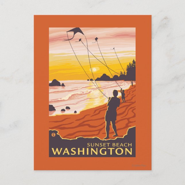 Carte Postale Plage et cerfs-volants - Sunset Beach, Washington (Devant)