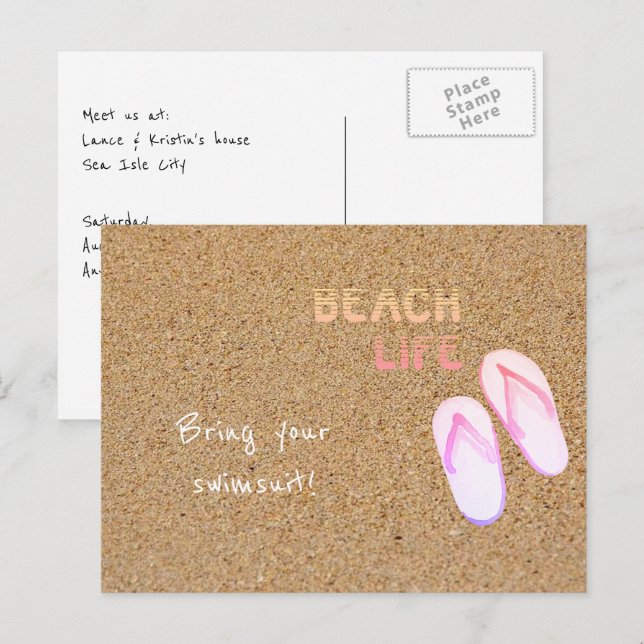 Carte Postale Plage Life tongs flops dans le sable personnalisab (Devant / Derrière)