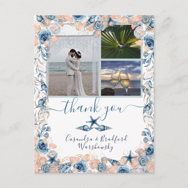Carte Postale Plage Mariage Coquillage et Merci photo Rose (Devant)