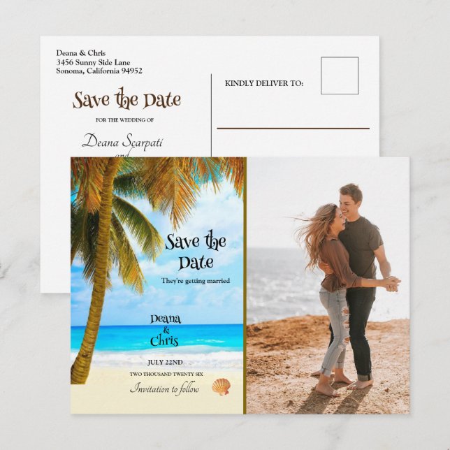 Carte Postale Plage, Palmiers, Océan, Save the Date Mariage (Devant / Derrière)