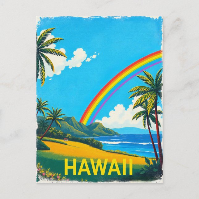 Carte Postale Plage tropicale à Hawaii avec arc en ciel (Devant)