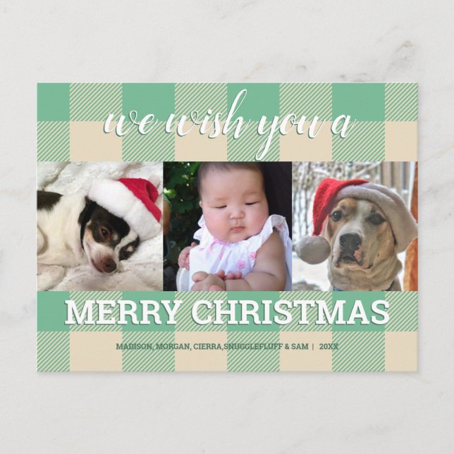 Carte Postale Plaid Green Cream 3 Photo Collage Noël (Devant)