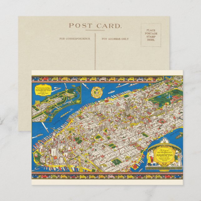 Carte Postale Plan illustré rétabli de Manhattan, édition amusan (Devant / Derrière)