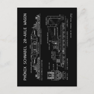 Carte Postale "Plan" technique du wagon de train PTW Schnabel