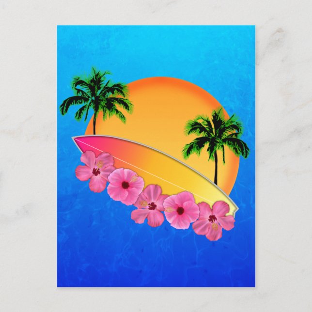 Carte Postale Planche de surf et fleurs d'Hibiscus (Devant)