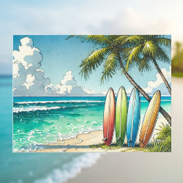 Carte Postale Planches de surf sur la plage Aquarelle et encre