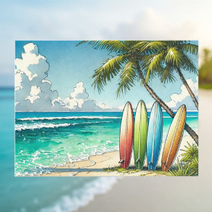 Carte Postale Planches de surf sur la plage Aquarelle et encre