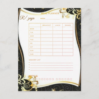 Carte Postale Planificateur de repas floral noir or Aquarelle &