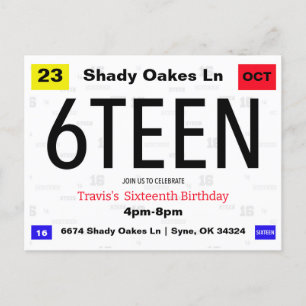 Carte Postale Plaque d'immatriculation pour 16e anniversaire