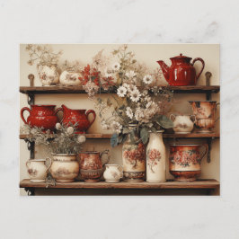 Carte Postale Plats Rouge Blanc Café Pot Creamer Sucre Daisers