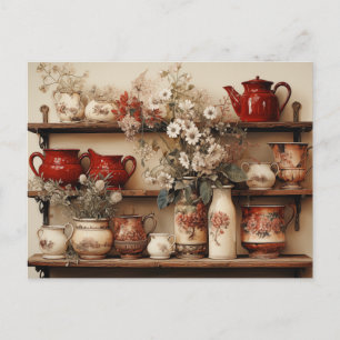 Carte Postale Plats Rouge Blanc Café Pot Creamer Sucre Daisers