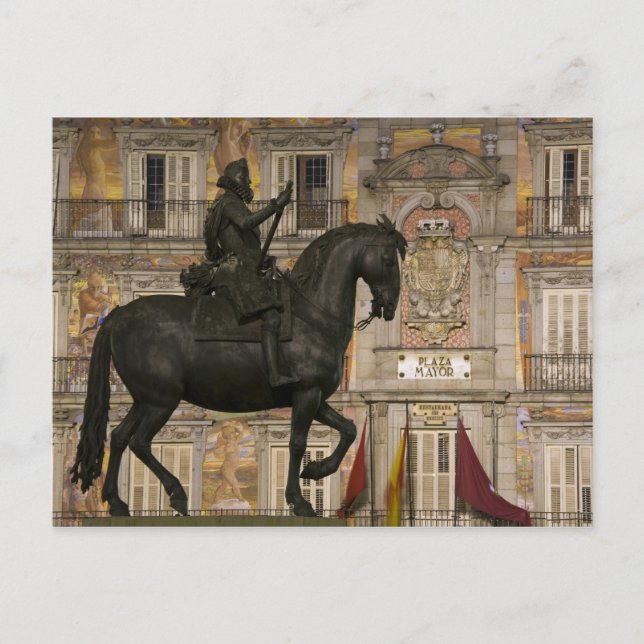 Carte Postale Plaza Mayor avec la statue de Filipe III, Madrid, (Devant)