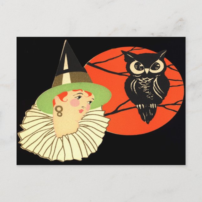 Carte Postale Pleine lune Chouette sorcière Art Déco (Devant)