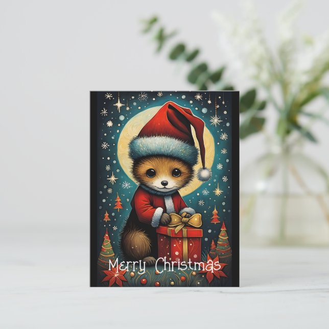 Carte Postale Pleine lune Cute Père Noël Souris cadeau de Noël (Debout devant)