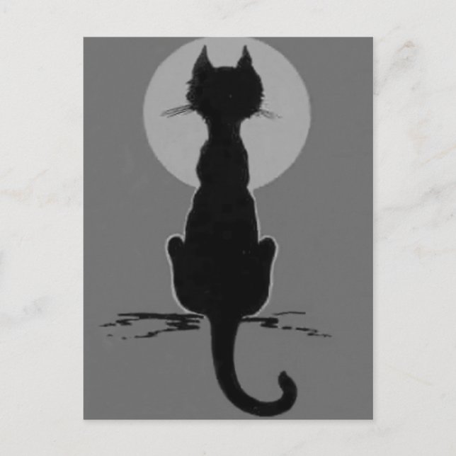 Carte Postale Pleine lune de chat noir et blanc monochrome (Devant)