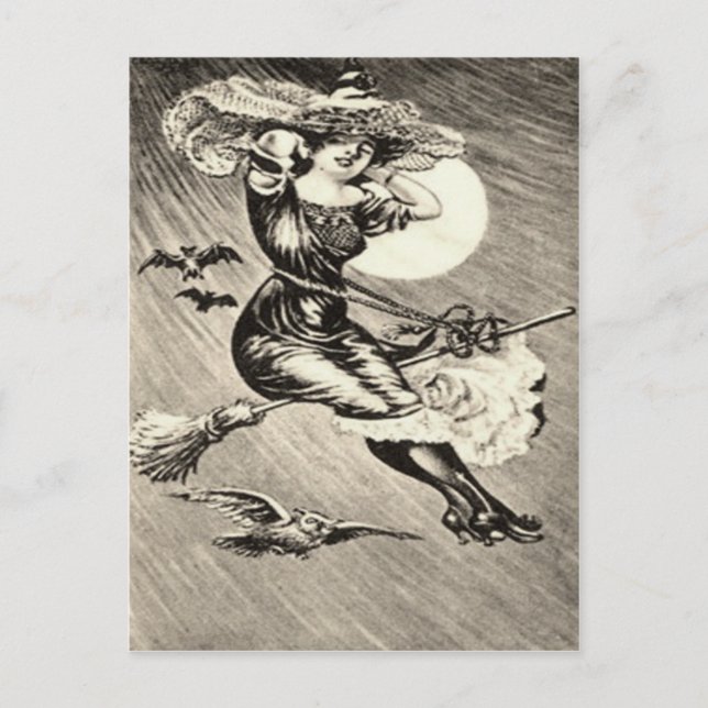 Carte Postale Pleine lune de chauve-souris à sorcière monochrome (Devant)