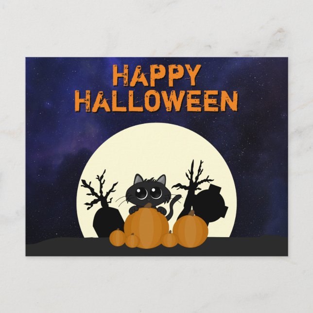 Carte Postale Pleine lune de cimetière des Citrouilles de Chat n (Devant)