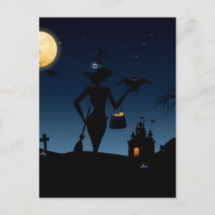 Carte Postale Pleine lune, Sorcière Avec Salle Et Casquette Diam
