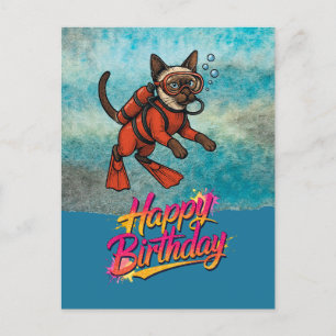 Carte Postale Plongeur en scaphandre plongée chat joyeux anniver