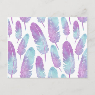 Carte Postale Plume bohème aquarelle violet et bleu