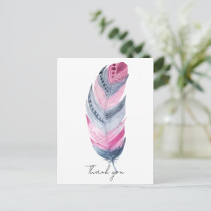 Carte Postale Plume bohème rose gris aquarelle Merci