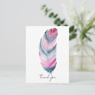 Carte Postale Plume bohème rose gris aquarelle Merci