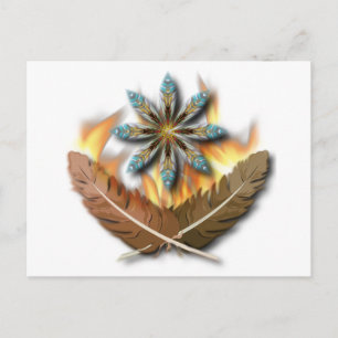 Carte Postale plumes de buse à queue rousse autochtone et flamme