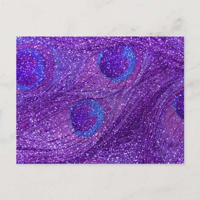 Carte Postale plumes de paon scintillantes indigo violet (Devant)