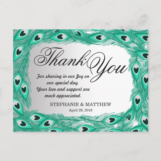 Carte Postale Plumes de paon turquoise sur Gradient blanc à gris (Devant)